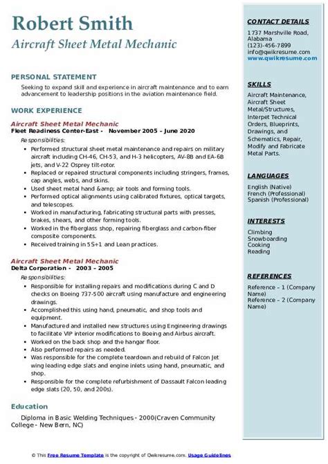 aircraft sheet metal mechanic resume example|Aircraft Sheet Mechanic Resume Examples .